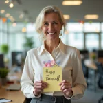 Femme souriante avec carte de depart au bureau