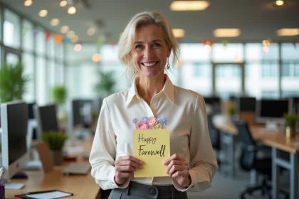 Femme souriante avec carte de depart au bureau