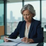 Femme cadre senior de 45 ans en blazer marine consultant des documents stratégiques dans un bureau moderne
