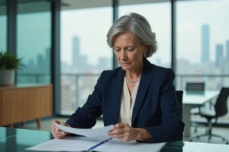 Femme cadre senior de 45 ans en blazer marine consultant des documents stratégiques dans un bureau moderne