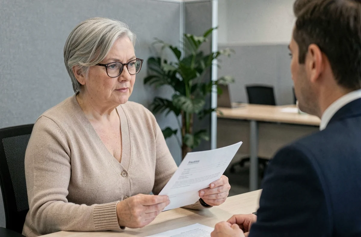 Femme âgée en consultation avec un conseiller administratif pour comprendre ses droits liés à son taux d'incapacité