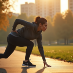 Femme en tenue de sport s'étire au parc au lever du soleil