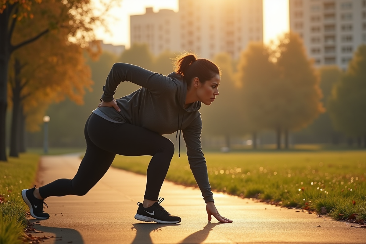 Femme en tenue de sport s'étire au parc au lever du soleil