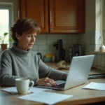 Femme d'âge moyen examinant des documents administratifs liés à l'AAH à la table de sa cuisine
