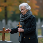 Femme âgée déposant une croix en bois sur une tombe