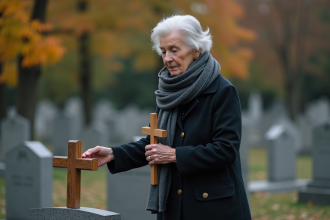 Femme âgée déposant une croix en bois sur une tombe