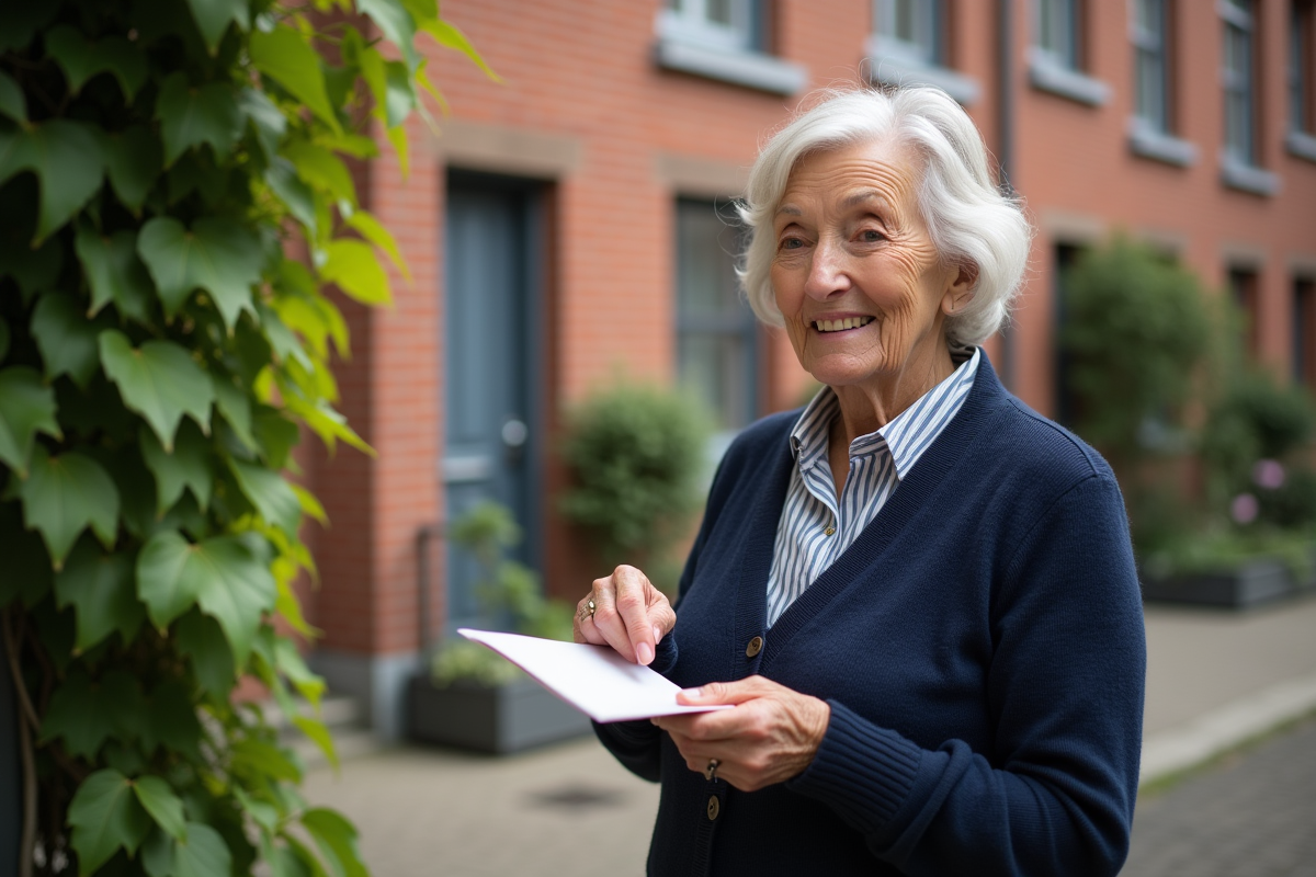 Femme âgée tenant une lettre dans une cour ensoleillée