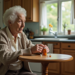 Femme âgée hésitant à ouvrir une pilule dans la cuisine