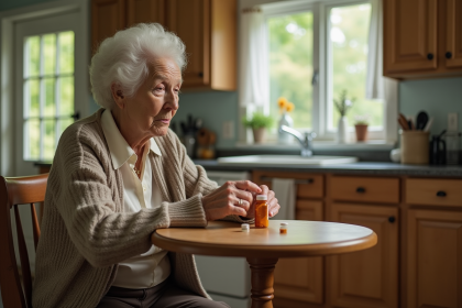Femme âgée hésitant à ouvrir une pilule dans la cuisine