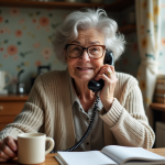 Femme âgée souriante au téléphone dans la cuisine lumineuse