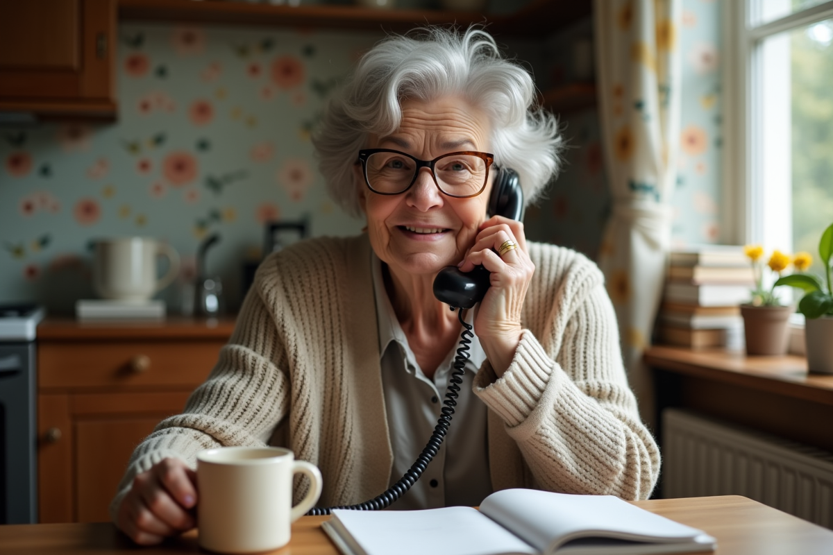 Femme âgée souriante au téléphone dans la cuisine lumineuse
