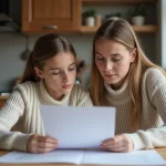 Femme française et fille partageant des documents à la maison