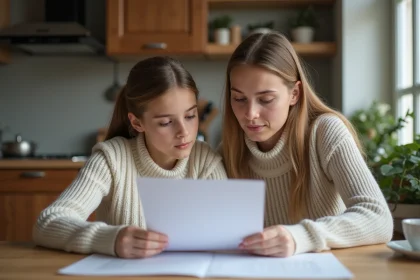 Femme française et fille partageant des documents à la maison