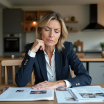 Femme d'âge moyen examine documents financiers et photos