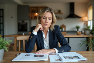 Femme d'âge moyen examine documents financiers et photos