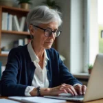 Femme française d'environ 60 ans travaillant sur son ordinateur dans un bureau lumineux