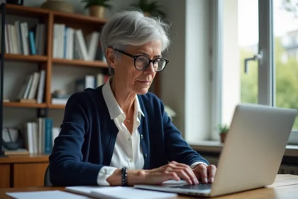 Femme française d'environ 60 ans travaillant sur son ordinateur dans un bureau lumineux