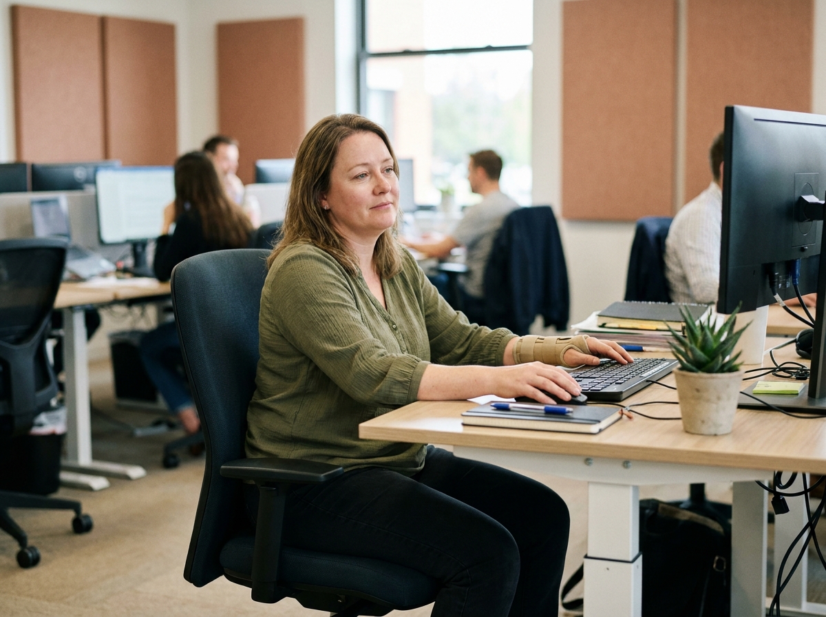 Femme en situation de handicap invisible travaillant dans un bureau avec du matériel adapté, diversité et inclusion en entreprise