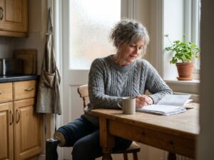 Femme amputée d'une jambe assise dans sa cuisine, illustrant le handicap moteur au quotidien