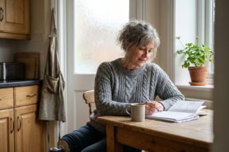 Femme amputée d'une jambe assise dans sa cuisine, illustrant le handicap moteur au quotidien