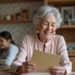 Femme de 70 ans souriante ouvrant une carte de voeux en famille