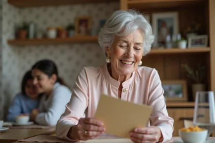 Femme de 70 ans souriante ouvrant une carte de voeux en famille