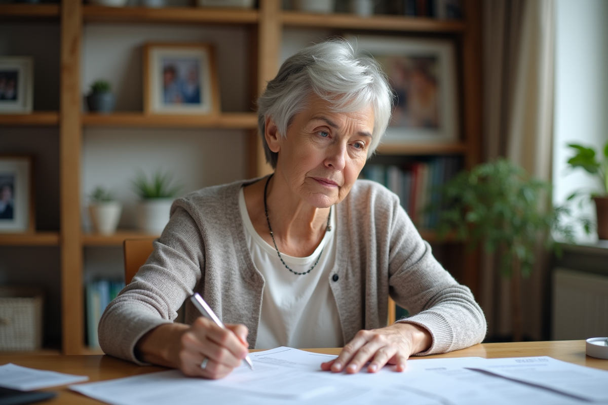 Femme d'âge moyen lisant des papiers à la maison