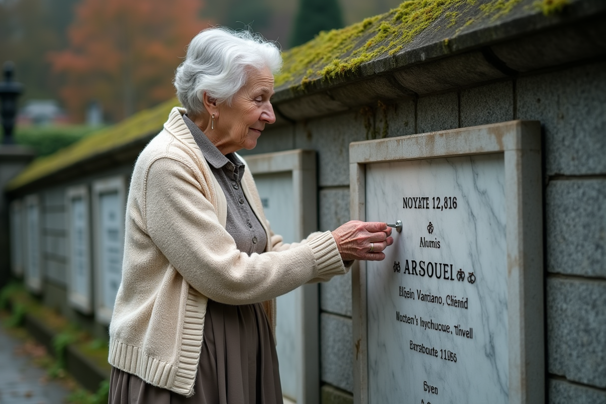 Femme ajustant une plaque en marbre sur une tombe