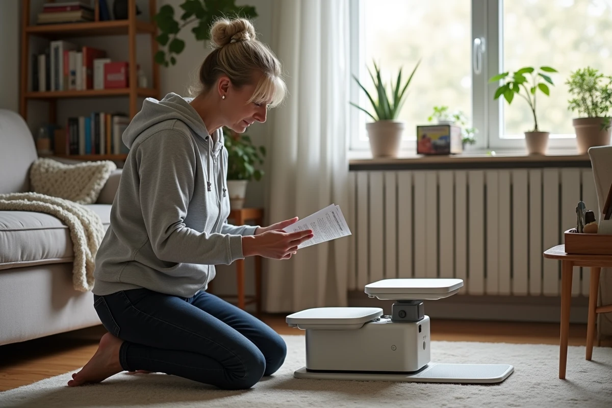 Femme lisant la notice d'un ascenseur portable pliant dans son salon à domicile