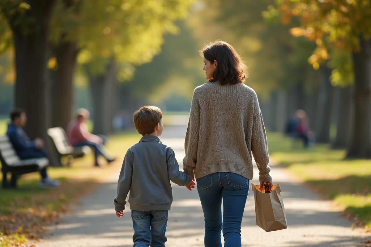 Femme et son fils marchant dans un parc ensoleille