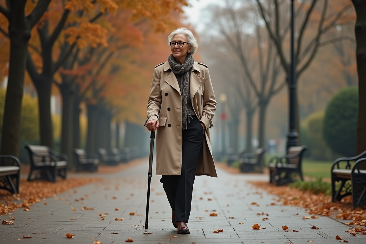 Femme élégante marchant avec une canne dans un parc urbain