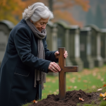 Femme âgée dépose une croix en bois dans la terre d'un cimetière