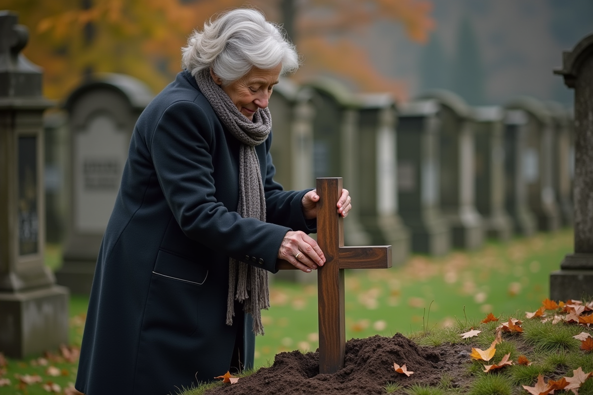 Femme âgée dépose une croix en bois dans la terre d'un cimetière
