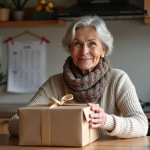 Femme emballant des cadeaux de Noël dans la cuisine chaleureuse