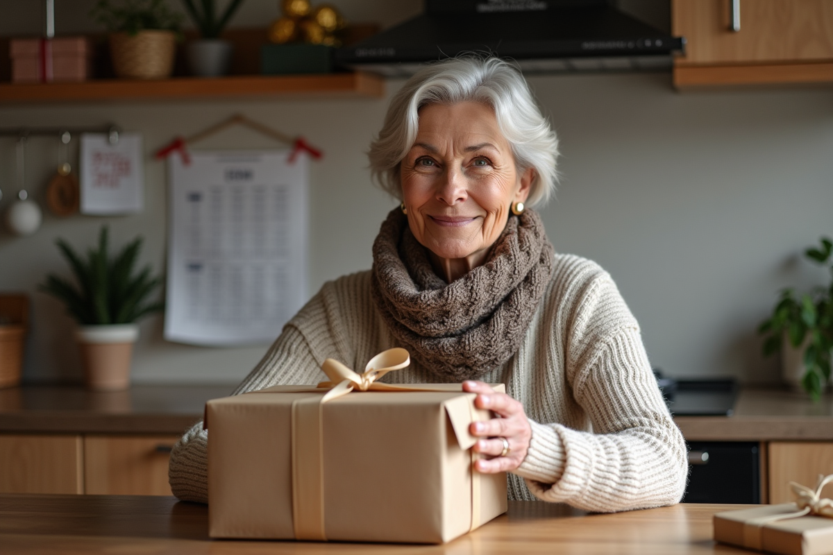 Femme emballant des cadeaux de Noël dans la cuisine chaleureuse