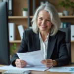 Femme senior confiante au bureau avec documents