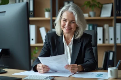 Femme senior confiante au bureau avec documents