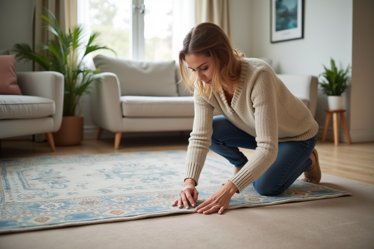 Femme ajustant un tapis dans un salon lumineux