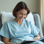 Femme d'âge moyen souriante dans une salle de repos hospitalière