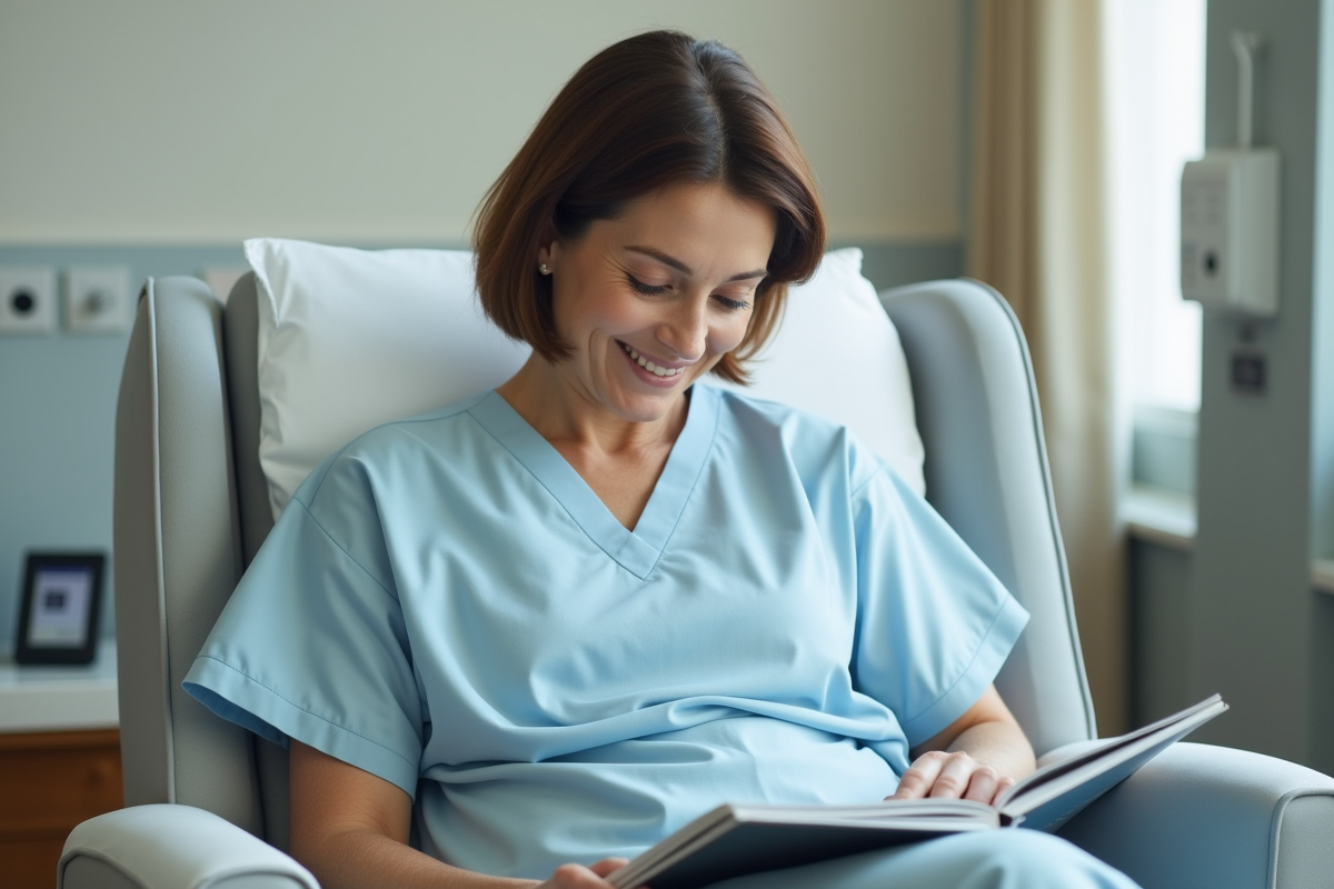 Femme d'âge moyen souriante dans une salle de repos hospitalière