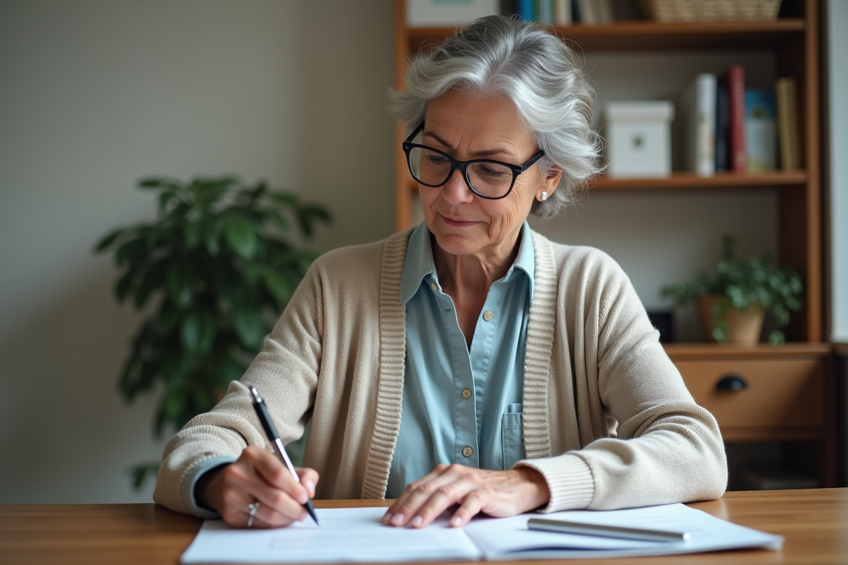 Femme d'âge moyen remplissant papiers de retraite dans un bureau calme