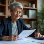 Femme de 50 ans consultant des documents sur sa retraite Cnav à son bureau à domicile