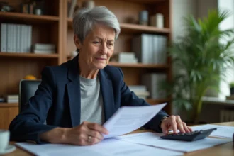 Femme de 50 ans consultant des documents sur sa retraite Cnav à son bureau à domicile