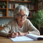 Femme retraitée en train de lire ses documents de pension