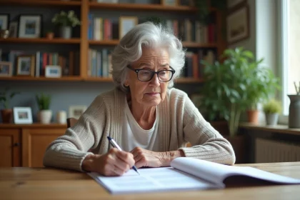 Femme retraitée en train de lire ses documents de pension