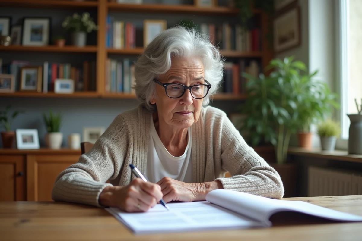 Femme retraitée en train de lire ses documents de pension