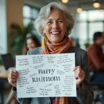 Femme souriante en blazer avec carte de retraite colorée