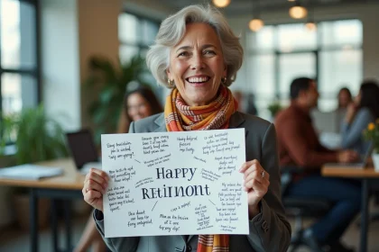Femme souriante en blazer avec carte de retraite colorée