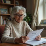 Femme retraitée lisant des brochures dans un intérieur chaleureux
