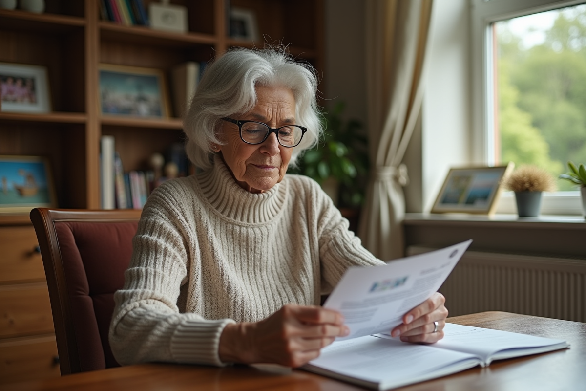 Femme retraitée lisant des brochures dans un intérieur chaleureux